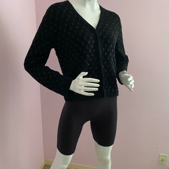 Vintage 90s Ann Taylor Beaded Cardigan V-neck Merino Wool Black Bugle Beads - Picture 5 of 15